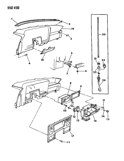 1989 Dodge Lancer Instrument Panel Bezels, Glovebox, Radio And Antenna Diagram