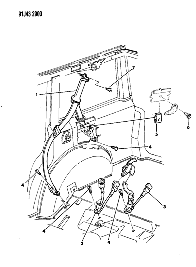 1993 Jeep Cherokee Seatbelts, Rear Seat Diagram