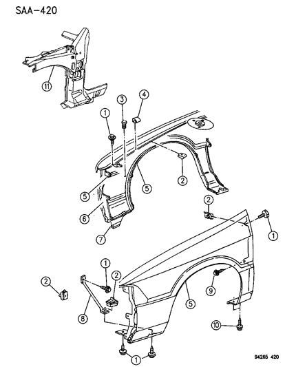 1994 Chrysler LeBaron Sedan Fender & Fender Brace Diagram