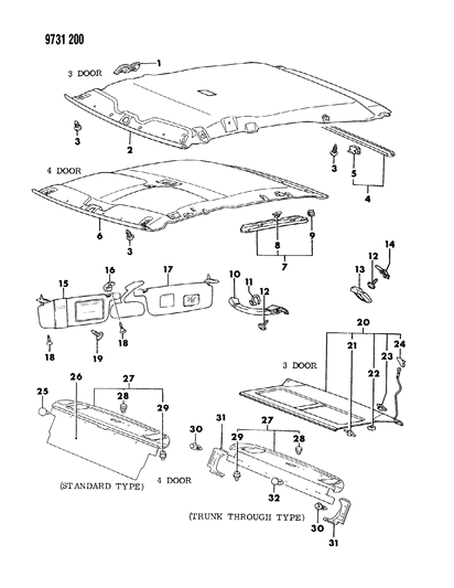 1989 Dodge Colt Headlining, Mouldings, Sunvisor, Assist Strap & Shelf Panel Diagram