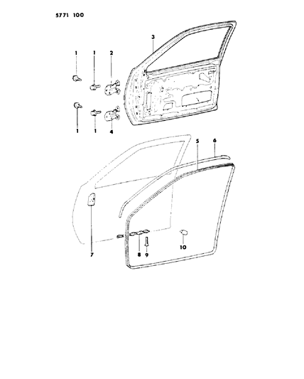 1985 Dodge Colt Door, Front Shell, Hinges And Weatherstrips Diagram