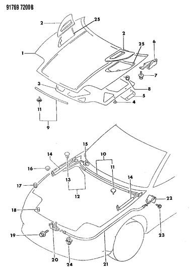 1991 Dodge Stealth Hood & Hood Release Diagram