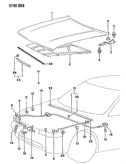 1991 Dodge Colt Hood & Hood Release Diagram