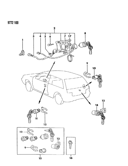 1989 Dodge Colt Lock Cylinder & Keys Diagram