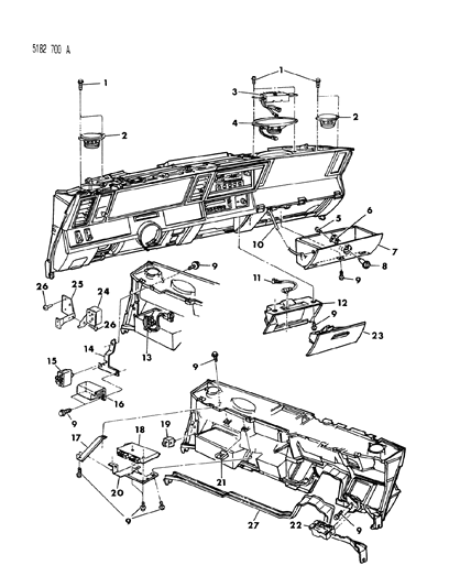 1985 Dodge 600 Instrument Panel Glovebox, Ash Receiver & Controls Diagram