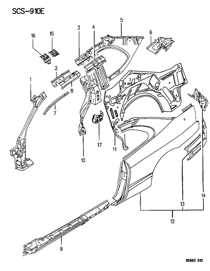 1995 Chrysler Sebring Wheelhouse Rear Inner Diagram for MB959487