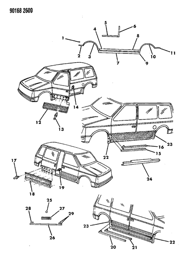 1990 Chrysler Town & Country Mouldings & Ornamentation - Exterior View Diagram 4