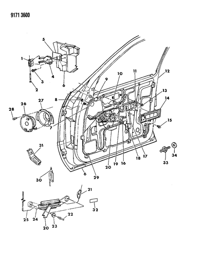 1989 Chrysler LeBaron Door, Front Shell, Handle And Control Diagram