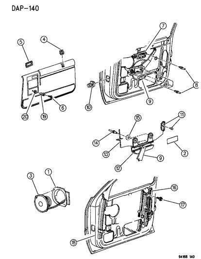 1994 Dodge Shadow Door - Front Glass & Regulator Diagram