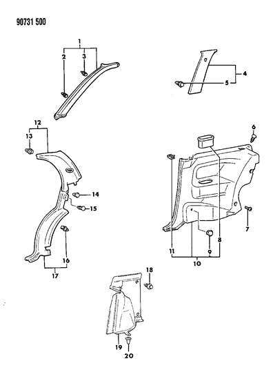 1990 Dodge Colt Clip-Trunk Room Trim Diagram for MB384532