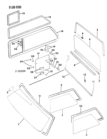 1985 Jeep Grand Wagoneer Seals & Glass Windshield, Quarter & Tailgate Diagram