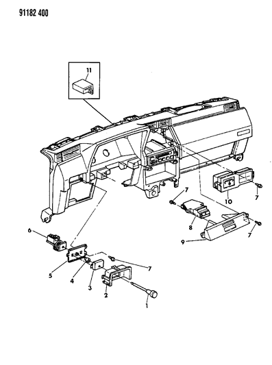 1991 Dodge Shadow Instrument Panel Controls & Switches Diagram