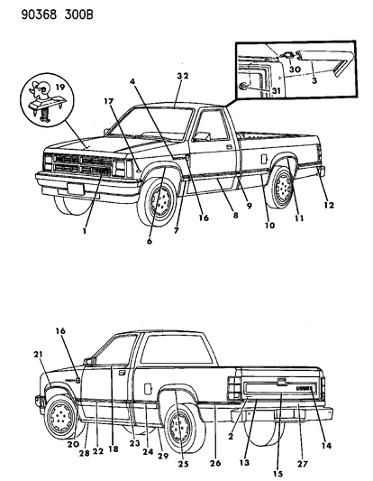 1990 Dodge Dakota Nameplate, "Dakota" Diagram for 4357061