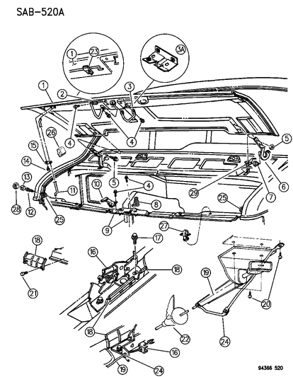 1996 Dodge Ram Wagon Hood & Hood Release Diagram