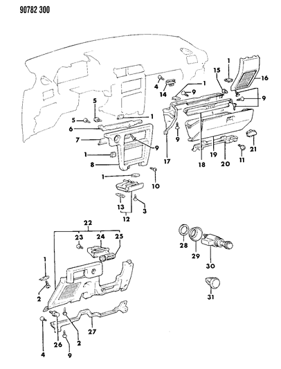 1990 Dodge Colt Instrument Panel Bezels & Glovebox Diagram 2