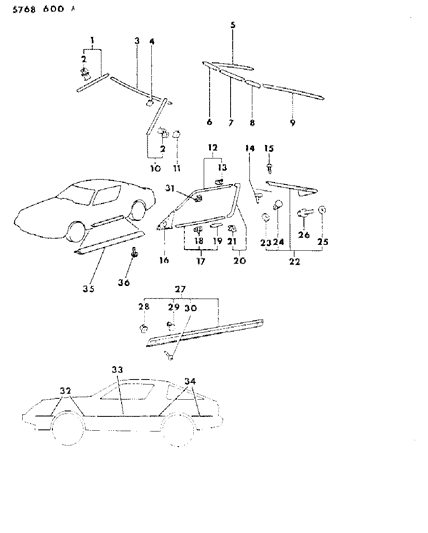 1985 Chrysler Conquest Mouldings - Exterior View Diagram