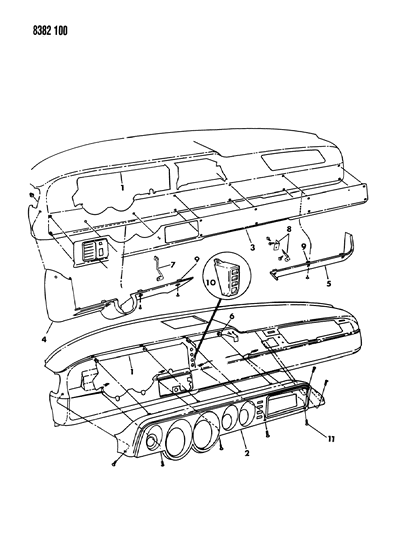 1989 Dodge Ram Van Instrument Panel Panel & Bezels Diagram