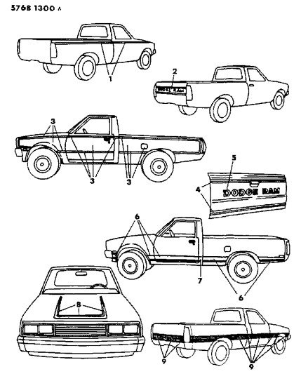 1986 Dodge Ram 50 Tape Stripes & Decals - Exterior View Diagram