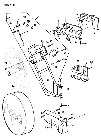 1991 Jeep Cherokee Spare Wheel, Outside Mounting, Swing Away Diagram