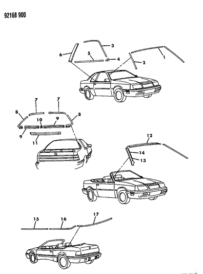 1992 Chrysler LeBaron GTC Mouldings - Windshield & Rear Window Diagram