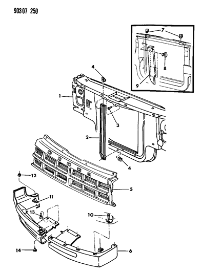 1991 Dodge Dakota Grille & Related Parts Diagram