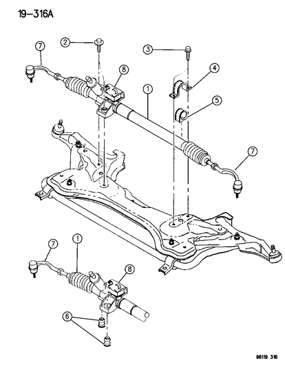 1996 Chrysler Sebring Convertible Gear - Rack & Pinion, Power & Attaching Parts Diagram