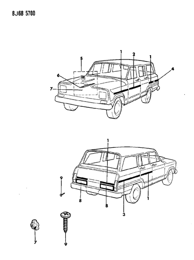 1987 Jeep Grand Wagoneer Mouldings, Exterior - Lower Diagram 1