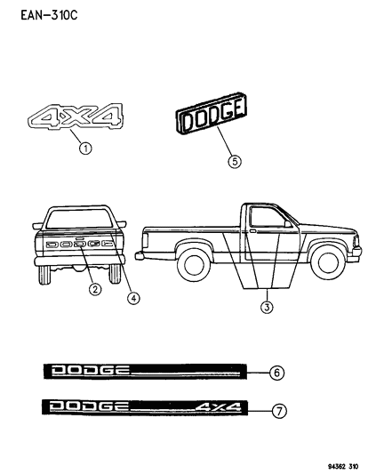 1996 Dodge Dakota Tape Kit Bodyside Diagram for 4883773AA