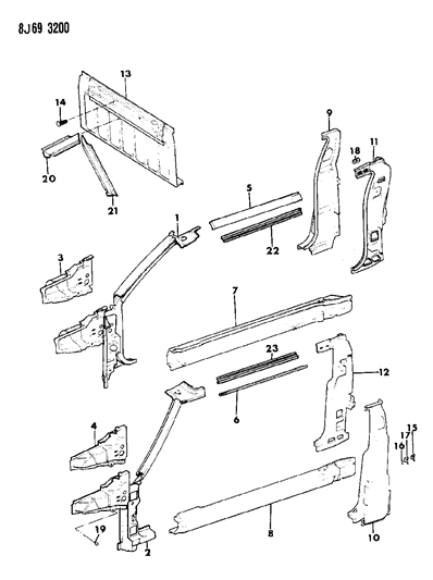 1990 Jeep Comanche Panels, Body Side And Rear Diagram