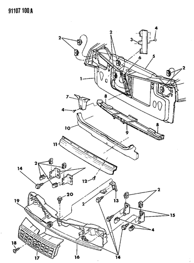 1991 Dodge Shadow Grille & Related Parts Diagram