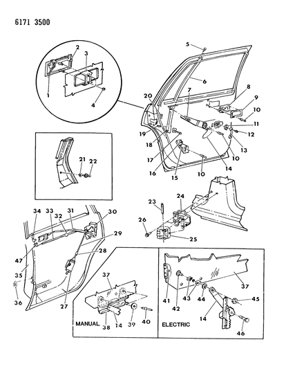 1986 Chrysler LeBaron Door, Rear Shell, Handle, Glass & Controls Diagram