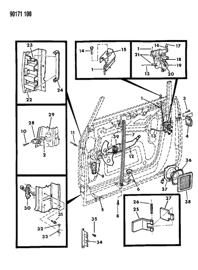 1990 Dodge Omni Door, Front Shell, Regulator, Controls And Locks Diagram