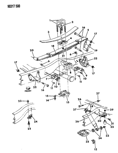 1990 Dodge W150 Suspension - Rear Leaf With Auxiliary & Shock Diagram 1