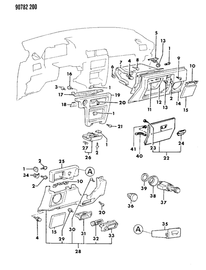 1990 Dodge Colt Instrument Panel Bezels & Glovebox Diagram 1
