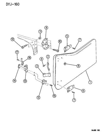 1994 Jeep Wrangler Door, Front, Half Shell And Hinges Diagram