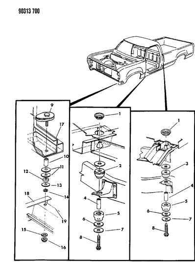 1991 Dodge W250 Body Hold Down & Front End Mounting Diagram