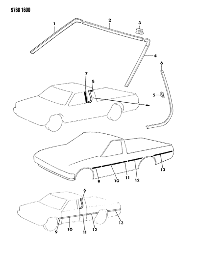 1989 Dodge Ram 50 Mouldings - Exterior View Diagram