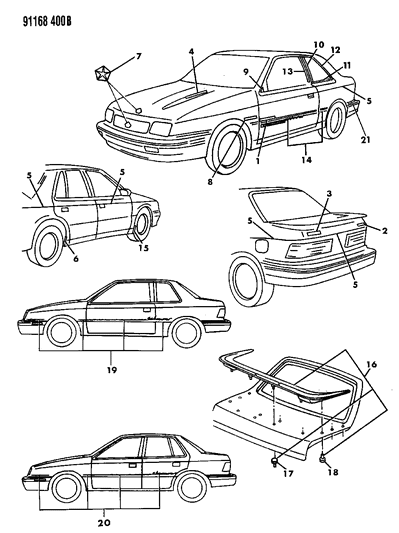 1991 Dodge Shadow Tapestries, Decals, Nameplates And Rear Spoiler Diagram