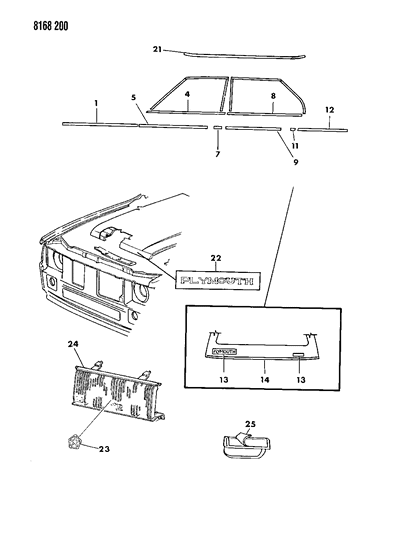 1988 Dodge Omni Mouldings & Ornamentation - Exterior View Diagram