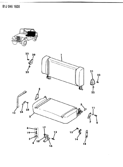 1984 Jeep Wrangler Frame & Pad Rear Fold & Tumble Seat Diagram