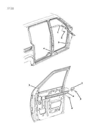 1985 Dodge Caravan Door, Front & Side Weatherstrips & Runs Diagram