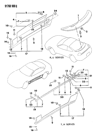 1991 Dodge Stealth Mouldings - Lower And Air Spoiler Diagram