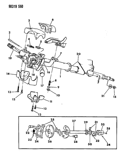 1992 Dodge D150 Column, Steering Upper And Lower Diagram