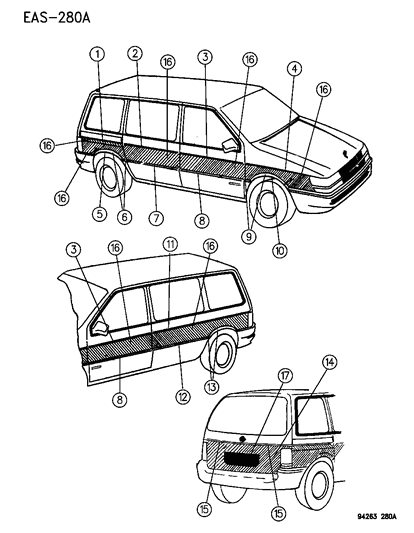 1995 Chrysler Town & Country Mouldings And Woodgrain Overlay Diagram