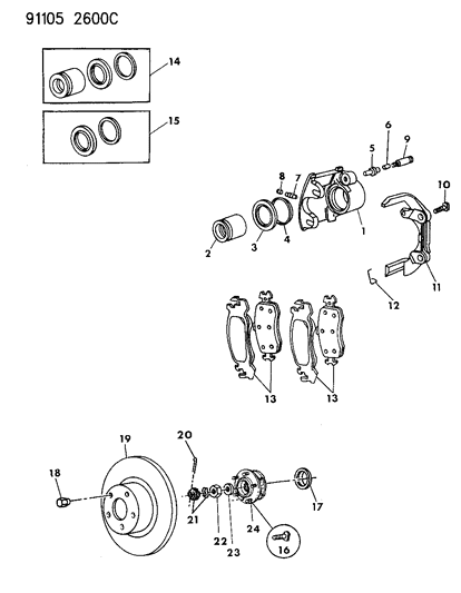 1991 Dodge Shadow Brakes, Front Diagram