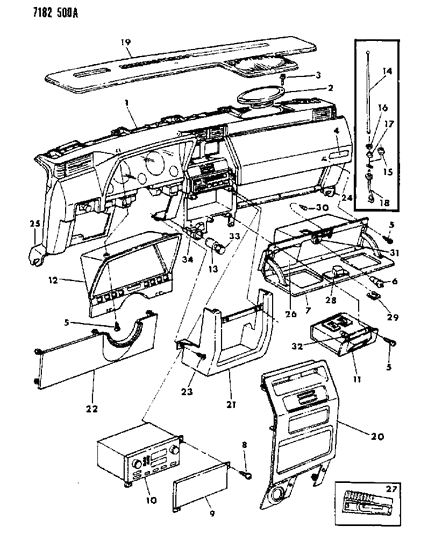 1987 Dodge Shadow Instrument Panel Radio, Bezels, Glovebox, Antenna Diagram