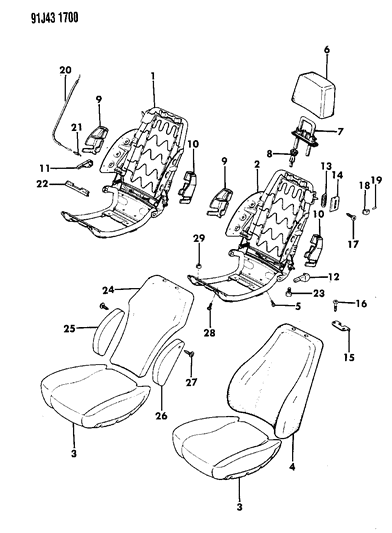 1992 Jeep Comanche Frame & Pad Bucket Seat Diagram