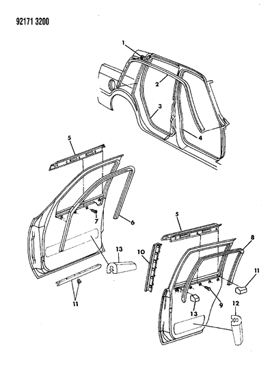 1992 Dodge Dynasty Door, Front & Rear Weatherstrips, Runs, Seals And Guards Diagram