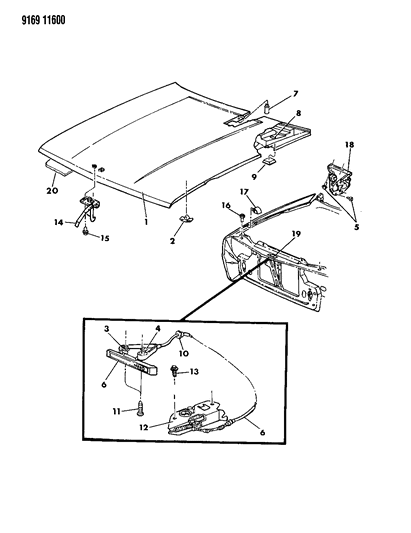 1989 Dodge Daytona Hood & Hood Release Diagram