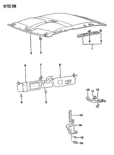 1991 Dodge Colt Headliner, Visor, Assist Strap & Cowl Panels Diagram